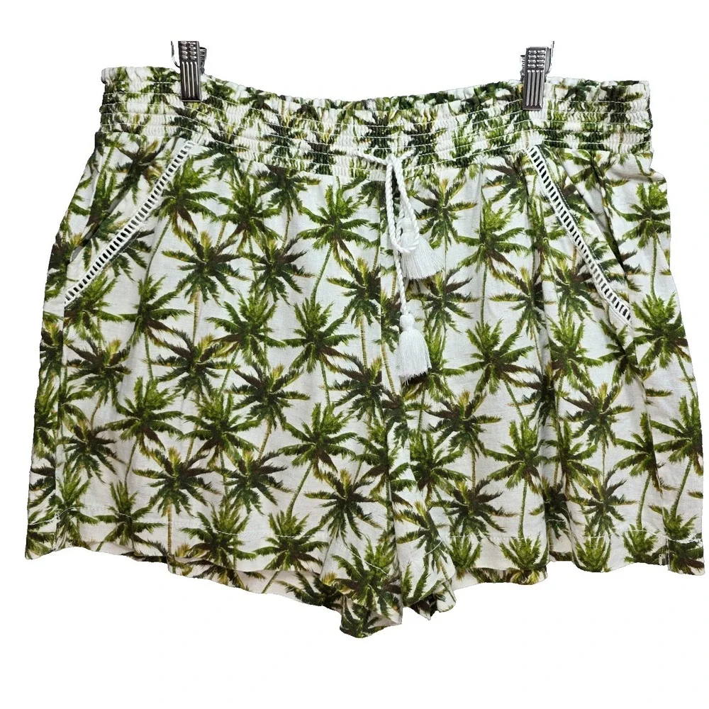 Briggs Tropical Shorts Linen Pull On Womens 2XL Palm Tree Beachy Summer Tassels‎